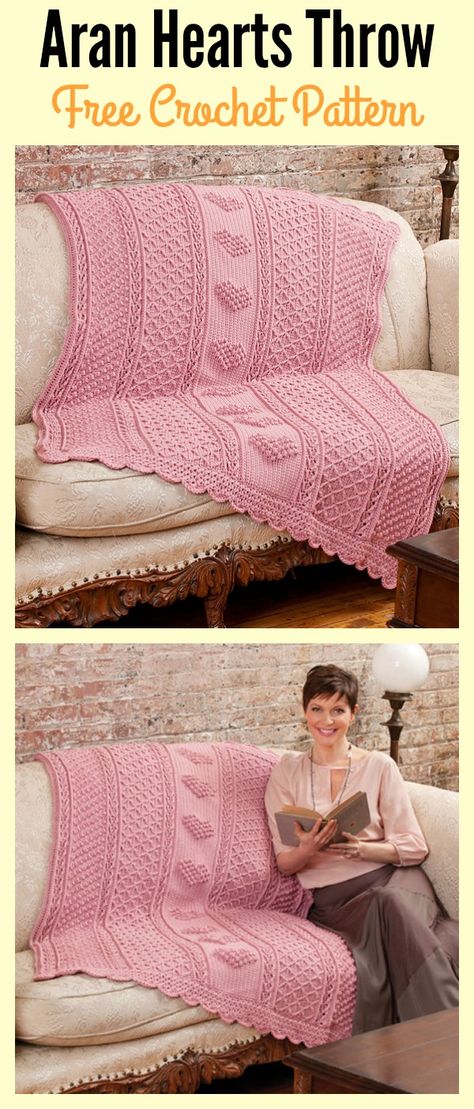 Aran Hearts Throw Free Crochet Pattern Mandala Haken, Crochet Heart Blanket, Throw Crochet, Crochet Hack, Crochet Gift Ideas, Crochet Afgans, Crochet For Beginners Blanket, 3d Mandala, Crochet Blanket Afghan