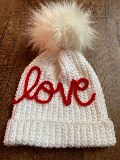 Handmade White Love Crochet Hat Valentines Hat Free Shipping - Etsy Valentine Hats, Bandeau Au Crochet, Crochet Heart Pattern, Crochet Hat Free, Bonnet Crochet, Valentines Crochet, White Love, Crochet Cap, Crochet Decoration