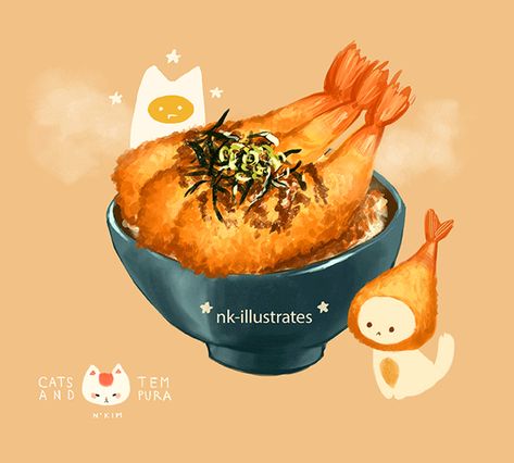 Tempura Illustration, Tempura Drawing, Bowl Illustration, Chibi Food, Doodle Doodle, Foodie Art, Food Artwork, Food Illustration Art, Cute Food Drawings