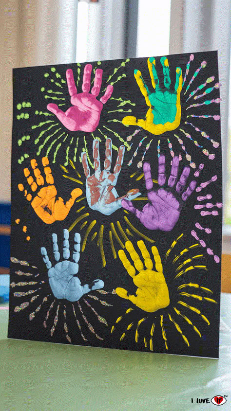 Firework Handprint Art, Spring Painting Ideas For Kids, New Year Craft Ideas For Kids, New Years Eve Art Projects For Kids, New Years Projects For Toddlers, New Years Art For Infants, Happy New Year Crafts For Toddlers, Firework Painting For Kids, New Years Eve Kids Crafts