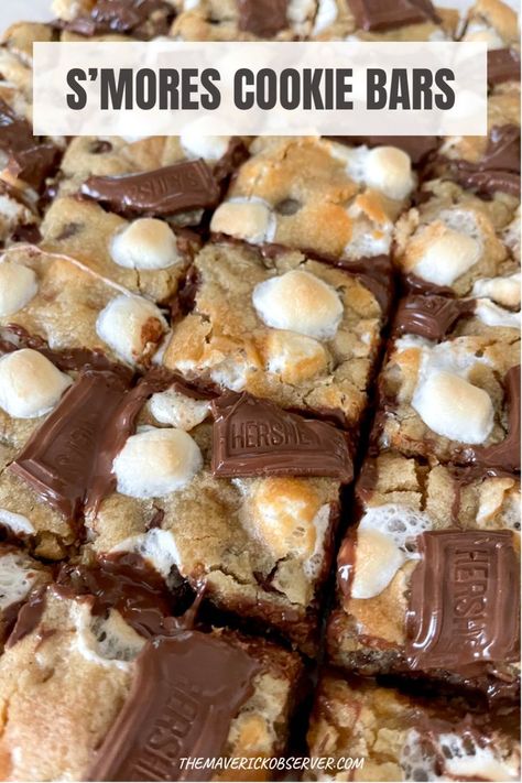 These S’mores Cookie Bars are the perfect dessert for summer time! Chocolate chips cookies teamed up with s’mores is absolutely delicious! No need to wait for a campfire to get your s’mores fix with these chewy, gooey bars. These two classic dessert recipes combine forces for the ultimate oven-baked treat. They are very simple to make and will be the star of your summer BBQs and get togethers. Smores Cookie Bars Recipe, Baked Smores Dessert, S’more Treats, Fun Party Dessert Ideas, Desert For Crowd, Cookie Smores Bars, Chocolate Chip Smores Bars, Gooey Smores Bars, Smores Chocolate Chip Cookie Bars