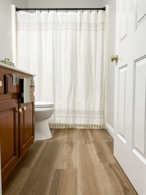 Guest Bathroom Renovation - The Floors are IN!!! - Liz Pacini Wood Vinyl Bathroom Floor, Vinyl Plank In Bathroom, Duralux Vinyl Flooring, Waterproof Vinyl Plank Flooring Bathroom, Bathroom Vinyl Flooring Ideas, Wood Floor Bathroom Ideas, Luxury Vinyl Plank Bathroom, Vinyl Plank Flooring Bathroom, Laminate Flooring Bathroom