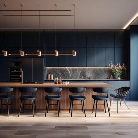 Blue Scandinavian Kitchen, Wood And Blue Kitchen, Open Space Living Room And Kitchen Ideas, Navy And Wood Kitchen, Blue And Wood Kitchen, Kitchen With Wood Accents, Kitchen Dark Blue, Deep Blue Kitchen, Blue Modern Kitchen