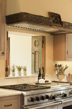 Carved Shutters Design Ideas, Pictures, Remodel, and Decor Wooden Vent Hood, Kitchen Pass, Mediterranean Kitchen Design, Pass Through Window, Wood Range Hood, Mediterranean Kitchen, Tuscan Villa, Old Kitchen, Kitchen Diner