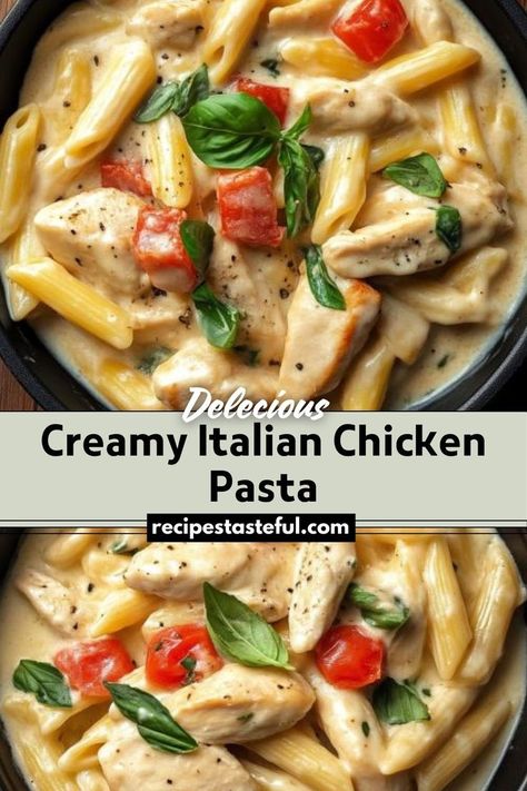 A rich and creamy pasta dish featuring tender chicken, sun-dried tomatoes, and fresh spinach in a delicious Parmesan sauce. Creamy Italian Chicken Pasta, Italian Chicken Pasta, Chicken Spinach Pasta, Creamy Italian Chicken, Creamy Pasta Dishes, Parmesan Sauce, Spinach Pasta, Italian Chicken, Sun Dried Tomatoes