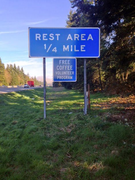 "Free Coffee" signs are posted at state rest areas. I'd make the stop. Rest Stop Aesthetic, The Sabbath Day, Tile Painting, The 10 Commandments, Rest Stop, Path Of Totality, Sabbath Day, Rest Area, Volunteer Programs