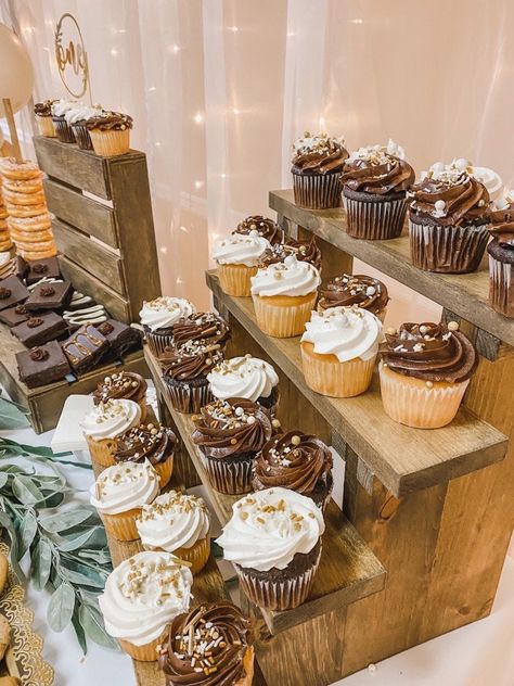 Wood Tiered Cupcake Stand, 2 Tier Cupcake Stand, How To Display Cupcakes On A Table, Cupcake Table Display Graduation, Wood Cupcake Display, Wood Dessert Display, Cupcake Wood Stand, Island Theme Dessert Table, Winter Wedding Cupcake Display