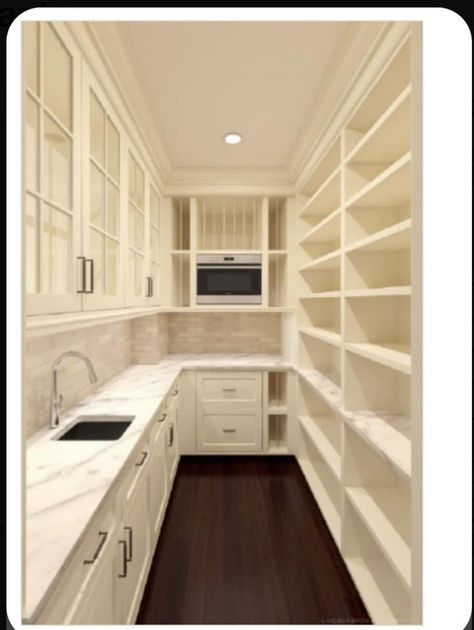 Walk In Pantry Behind Kitchen, Walk In Pantry Open Shelving, Pantry Design With Mini Fridge, White Walk In Pantry, Hamptons Butlers Pantry, Scullery Shelving Ideas, Narrow Scullery Ideas, Shared Laundry And Pantry, Prep Pantry Ideas