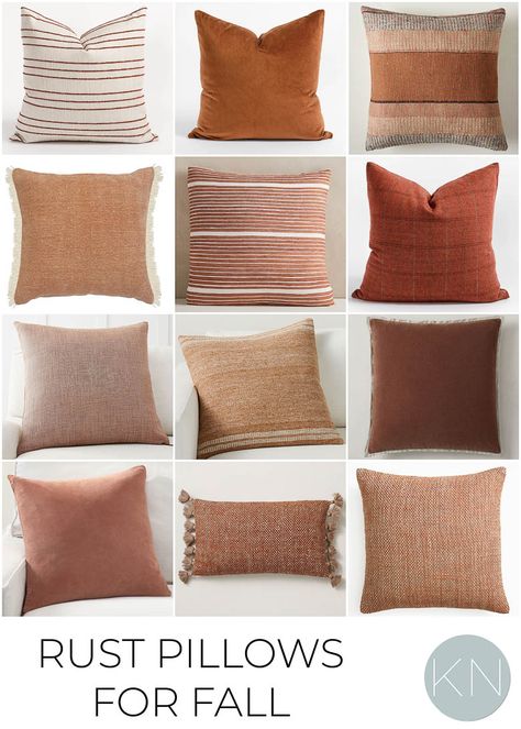 5 (Non-Cluttered) Fall Decorating Ideas - Kelley Nan Rust Pillows Living Room, Fall Couch Pillows, Fall Couch Decor, Rust Pillows, Fall Couch, Rust Throw Pillows, Dark Grey Couches, Light Gray Sofas, Apartment Designs