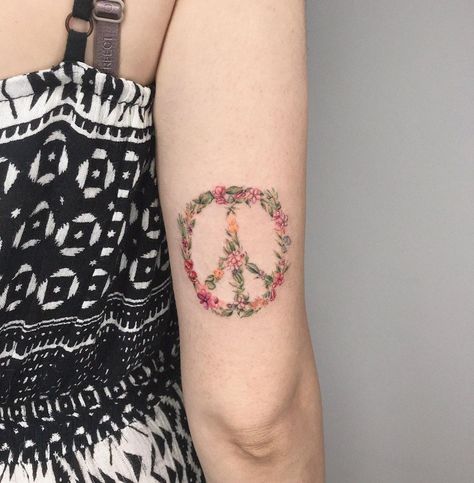 Peace Sign With Flowers Tattoo, Floral Peace Sign Tattoo, Flower Peace Sign Tattoo, Flower Power Tattoo, Peace And Love Tattoo, Peace Sign Tattoo, Peace Sign Tattoos, Peace Flower, Peace Tattoos