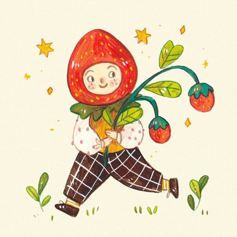 mushroom umbrella - Inês Dinis Illustration Strawberry Person Drawing, Cute Gnomes Illustration, Cute Strawberry Illustration, Cute Gnomes Art, Strawberry Illustration Cute, Strawberry Girl Drawing, Strawberry Cute Art, Strawberry Art Illustration, Cute Gnome Drawing