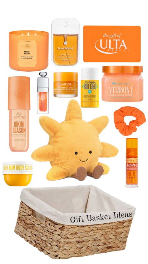 #pinterest #orange #gift #birthday #Christmas #basket #giftbasket #inspo #inspiration #cute #aesthetic Orange Gift Basket, Beach Gift Basket, Girly Christmas Gifts, Buddy Gifts, Orange Birthday, Best Gift Baskets, Beach Basket, Oranges Gift, Christmas Basket