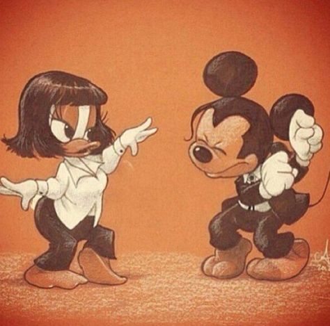 Love this! Fav movie & gotta love all things Disney Amy Mebberson, Vincent Vega, Disney Amor, Art Geek, Art Kawaii, Mickey And Minnie Mouse, Art Disney, Geek Art, Quentin Tarantino