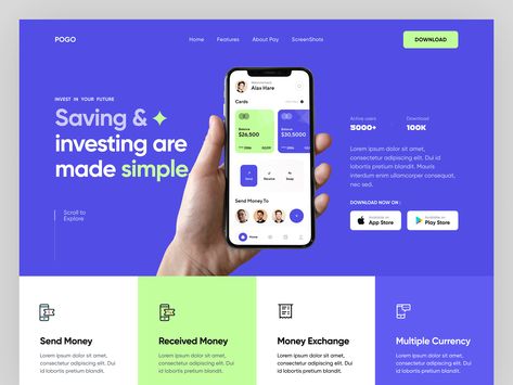 App Landing Page by MYO on Dribbble Banking Landing Page, Designer Landing Page, Fintech Landing Page, App Landing Page Design, Cereals Packaging Design, Mobile App Landing Page, Cereal Packaging, Landing Page Ui, App Design Layout