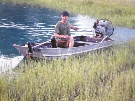 Joey McLennan and his dad found an old flat bottom boat in the bottom of a river after a flood and decided to turn it into an airboat.     “It’s about 10 ft. long, 3 1/2 ft. wide, and it works rea... Air Boats, Swamp Boat, Boathouse Design, Air Boat, Duck Mount, Boat Upgrades, Hope Floats, Flat Bottom Boats, Small Fishing Boats