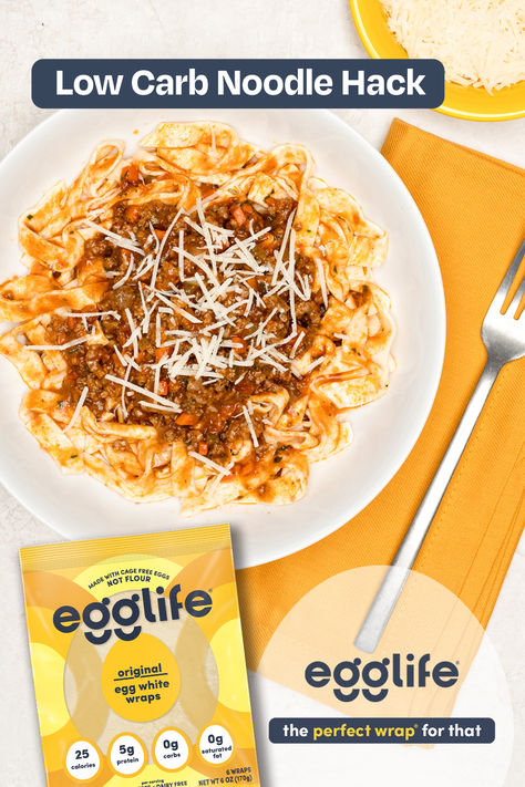 These zero carb noodles are made with egglife egg white wraps and a simple, delicious meal the entire family will enjoy! Pair with homemade bolognese for an easy protein-packed lunch or dinner that you can heat, eat, and repeat! Egg Life Recipes, Egg Life Noodles, Egg Wrap Noodles, Bariatric Breakfast Ideas No Egg, Egglife Wrap Noodles, Egg Life Wrap Noodles, Keto Egg Wraps Recipes, Bariatric Breakfast Ideas High Protein Low Carb, Egglife Recipes