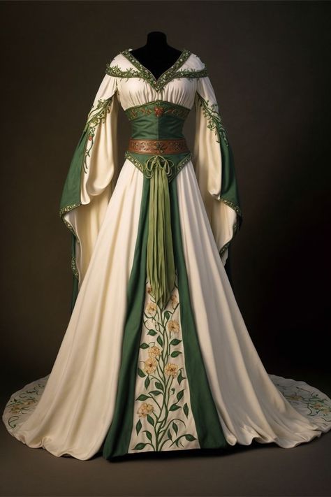 Medieval style Wedding Dress, inspired by forest flowers Gaun Abad Pertengahan, Fair Outfits, Old Fashion Dresses, Fantasy Dresses, Women's Outfits, Fantasy Gowns, Medieval Dress, Medieval Clothing, فستان سهرة