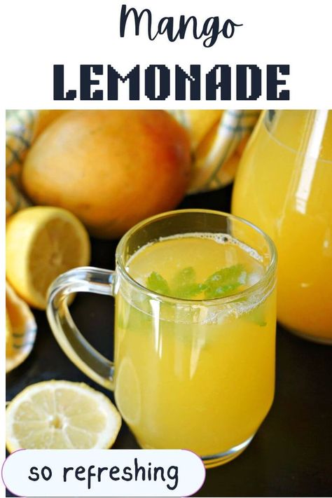 A glass of mango lemonade. Healthy Party Drinks, Summer Punch Recipes, Summer Drinks Alcohol Recipes, Summer Drink Recipe, Healthy Smoothies For Kids, Mango Lemonade, Summer Drinks Alcohol, Healthy Dinner Options, Alcohol Free Drinks