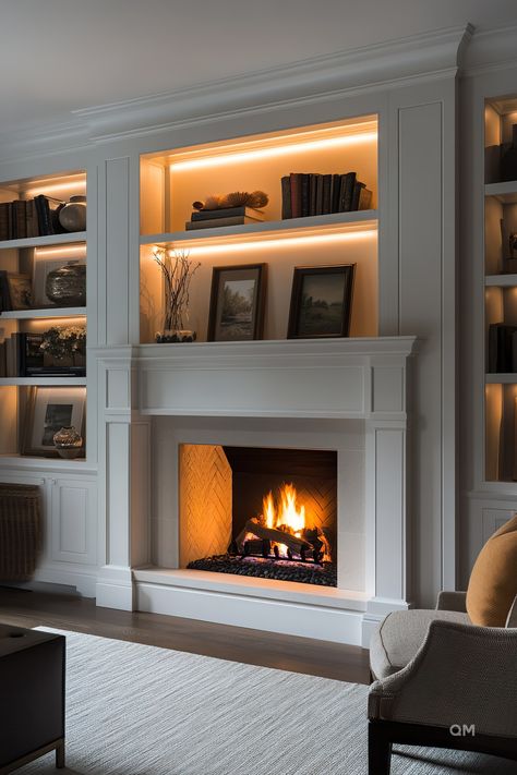 Recessed Gas Fireplace, Small Office With Fireplace, Custom Living Room Built Ins, Wood Fireplace Built Ins, Built In Fireplace With Shelves, Beige Built Ins, Built In Media Wall With Fireplace, Built In Bookshelves Around Fireplace, Fireplace With Built Ins On Both Sides