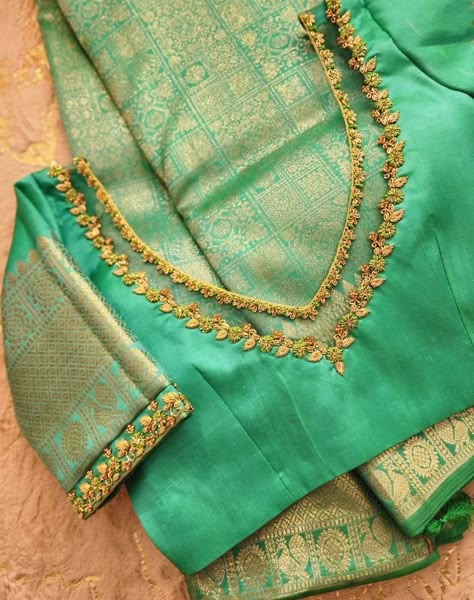 Pattu Blouse With Net Sleeves, New Model Maggam Work Blouse Designs, Net Blouse Designs Latest, Thread Work Blouse Designs, Marriage Blouses, Simple Saree Blouse Designs, Gold Blouse Designs, Aari Blouses, Pattu Dress