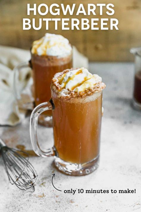 Two mugs of homemade butter beer ready for Harry Potter fans! Butterbeer Cocktail Recipe, Butterbeer Cocktail, Boozy Butterbeer, Butterbeer Recipe Alcoholic, Hot Butterbeer Recipe, Butterscotch Cocktail, Easy Butterbeer Recipe, Alcoholic Butterbeer, Homemade Butterbeer