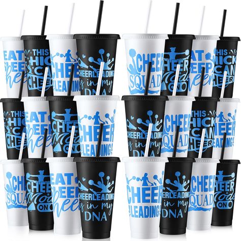 PRICES MAY VARY. What You Will Receive: our cheer gifts bulk for teams include 12 reusable cups with lids and straws, available in attractive black and white colors; These cups are ideal for practice, games, and parties, allowing everyone to enjoy their drinks in style; With enough cups for daily use and replacements, they are a must have for any cheerleading team Team Spirit: featuring a variety of stylish cheerleading patterns and inspiring slogans, these cups combine fashion and function to d Cheer Spirit Gifts Ideas Goodie Bags, State Cheer Competition Gifts, Cheer Water Bottles, Cute Cheer Gifts, Cheer Competition Gifts, Cheer Squad Gifts, Cups With Lids And Straws, Cheerleader Gifts, Cheer Team Gifts