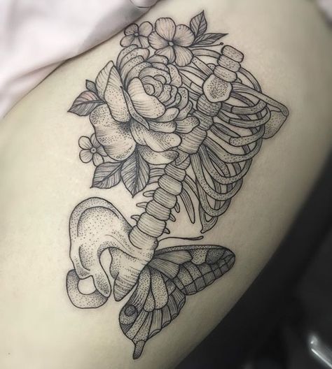 Flowers, Butteflies & Bones Tattoo by Medusa Lou Tattoo Artist - medusaloux@outlook.com Skeleton Flower Tattoo Rib Cage, Bones Flowers Tattoo, Bones With Flowers Tattoo, Rib Cage With Flowers Tattoo, Bone And Flower Tattoo, Bones Tattoo Ideas, Cage Reference, Bone Tattoo Ideas, Floral Skull Tattoos