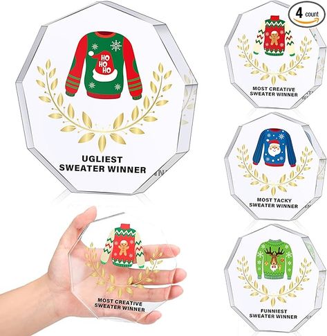 Amazon.com : Soaoo 4 Pieces Acrylic Ugly Christmas Sweater Trophy 4.7 Inches Funny Christmas Sweater Party Trophy Award Ugly Sweater Contest Prizes for Adults Women Items Xmas Supplies, 4 Styles : Sports & Outdoors Ugly Sweater Contest Prizes, Prizes For Adults, Diy Ugly Sweater, Fun Christmas Ideas, Ugly Sweater Diy, Tacky Sweater, Ugly Sweater Contest, Contest Prize, Funny Christmas Sweater