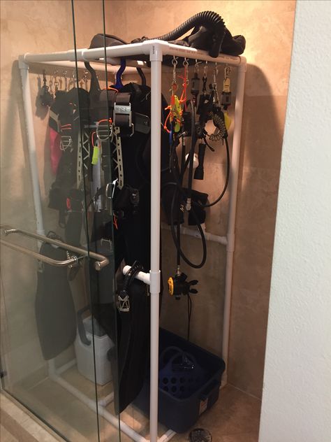 Scuba Shower Wash/Dry Rack Scuba Gear Drying Rack, Scuba Gear Storage, Scuba Storage, Scuba Equipment, Gear Room, Drying Room, Gear Storage, Wild Swimming, Scuba Diving Gear