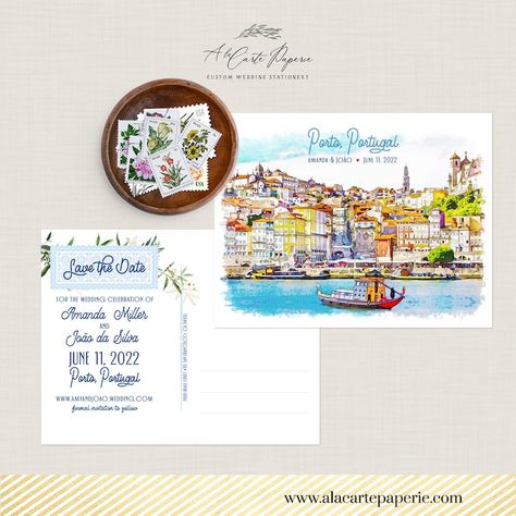 Porto Portugal Destination Wedding Europe Save the Date Postcard Watercolor Illustration Invitation Card Deposit Payment - Etsy Peru Wedding, Postcard Watercolor, Wedding Europe, Illustration Invitation, Destination Wedding Invitation, Save The Date Postcard, Custom Wedding Stationery, Save The Date Postcards, Destination Wedding Invitations