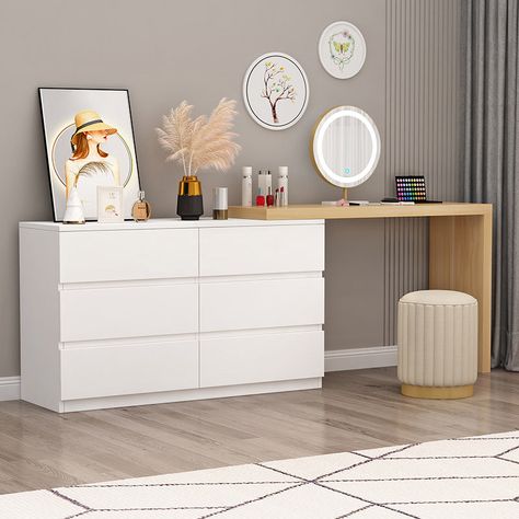 Mesa de escritorio de tocador de maquillaje de dormitorio de madera contemporánea con cajón Off White Furniture, Makeup Vanity Desk, Bedroom Makeup Vanity, Wooden Bedroom, Make Up Desk Vanity, Wood Table Top, Vanity Desk, Desk Table, White Furniture