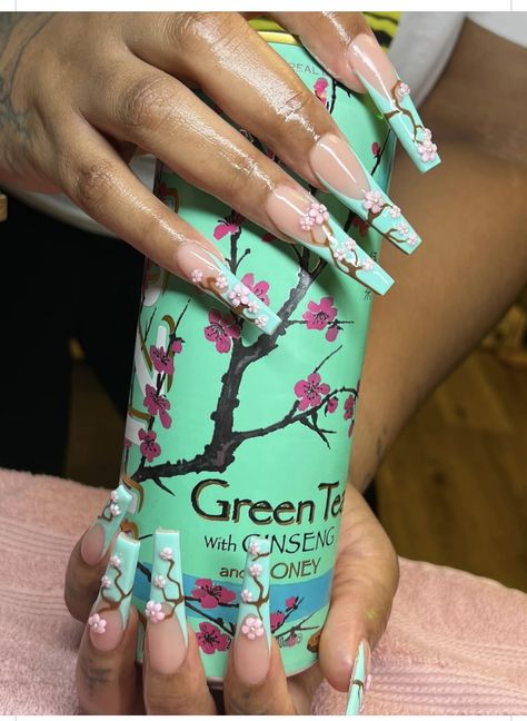 Baddie Nail Colors, Arizona Green Tea Nails, Arizona Tea Nails, Black Nails French, Az Nails, Freestyle Acrylic Nails, Green Tea Nails, Bloom Nails, Arizona Nails