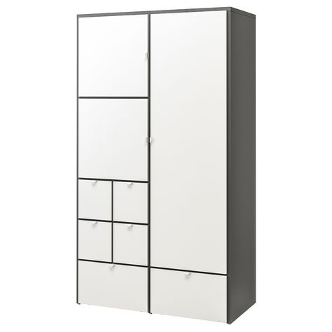 IKEA - VISTHUS, Wardrobe, grey, white, The bottom drawers have castors and therefore easy to move about. Smooth running drawers with pull-out stop. Adjustable feet make it possible to compensate any irregularities in the floor. Easy to assemble. 5 adjustable shelves and 1 clothes rail included. Brimnes Wardrobe, Corner Wardrobe, Small Condo, Open Wardrobe, Sliding Wardrobe Doors, Pax Wardrobe, Plastic Foil, Plastic Edging, Honeycomb Paper