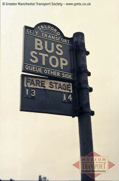 Salford City Transport bus stop | by Museum of Transport Greater Manchester archive Bus Stop Sign, Salford City, Wayfinding Signs, Bus Stops, City Sign, Signage System, Number Plates, Bus Terminal, Stop Sign