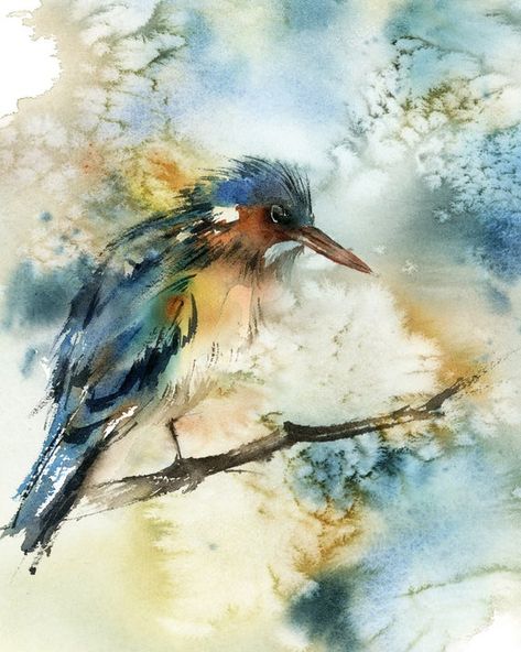 Kingfisher Bird Painting, Bird In Water Painting, Bee Eater Birds, Birds Couple, Watercolour Kingfisher Paintings, Sacred Kingfisher, Kingfisher Watercolor, Kingfisher Painting, Birds Print