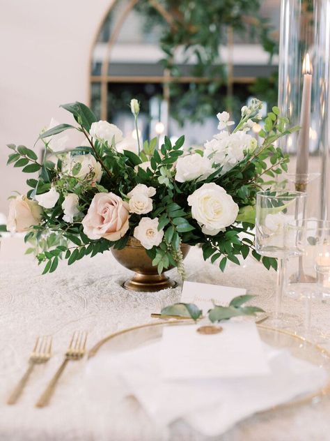 Rose Centerpieces Wedding, The Cordelle, Blush Centerpiece, Romantic Winter Wedding, Green Chandeliers, Green Centerpieces, Greenery Centerpiece, Low Centerpieces, White Centerpiece