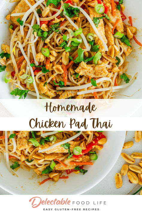 Plate of gluten free chicken pad Thai Pad Thai Recipe Healthy, Gluten Free Pad Thai Recipe, Pad Thai Peanut Sauce, Pad Thai Sauce Recipe, Chicken Pad Thai Recipe, Healthy Pad Thai, Gluten Free Pad Thai, Healthy Thai Recipes, Low Fodmap Chicken