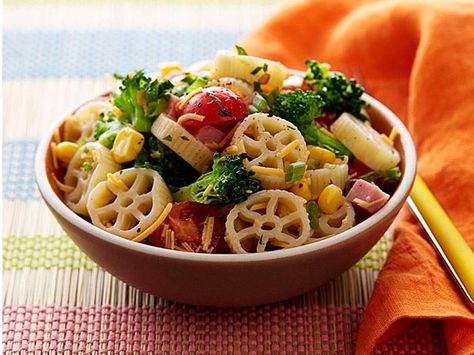 Wagon Wheel Pasta Salad Recipe : Food Network Kitchen : Food Network Wheel Pasta Salad, Wagon Wheel Pasta, Lunchbox Meals, Lunchbox Food, Shaped Pasta, Pastas Recipes, Wagon Wheels, Macaroni Salad Recipe, Healthy Lunches For Kids