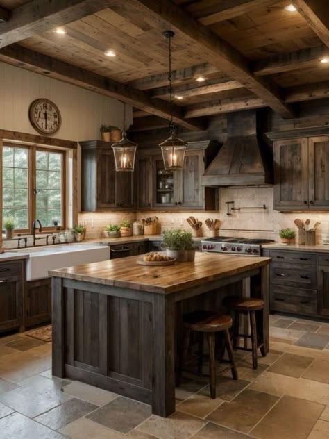 Rustic Kitchen Design, Farmhouse Kitchen Design, Barndominium, Barn House, Rustic Kitchen, Country Kitchen, Kitchen Designs, Log Cabin, House Inspo