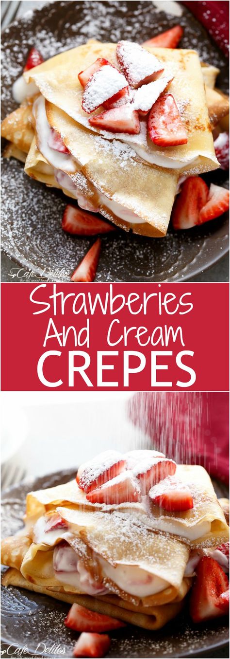 Fraises et crèmes à la crème Cream Crepes, Macerated Strawberries, Dessert Oreo, Crepes And Waffles, Sweet Crepes, Desserts Vegan, Crepe Recipes, What's For Breakfast, Breakfast Dishes