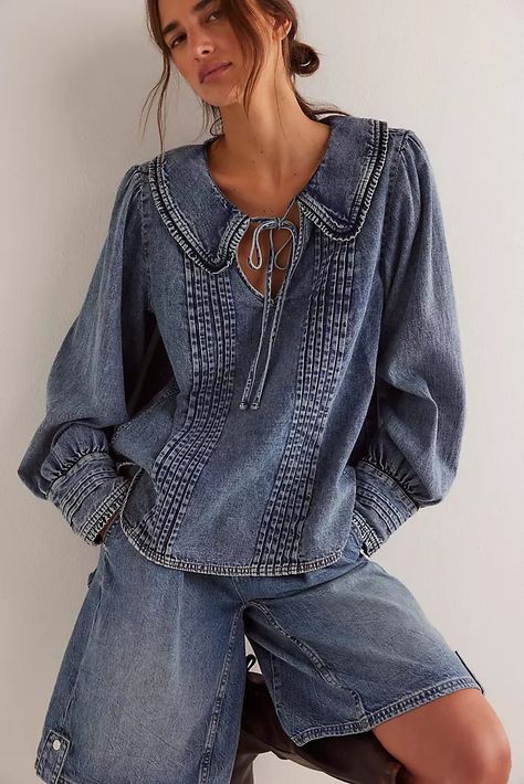 Tops | Fancy + Casual Tops | Free People Denim Shirt Style, Sailor Shirt, Denim Blouse, Denim Top, Free Clothes, Denim Shirt, Boho Outfits, Casual Tops, What To Wear