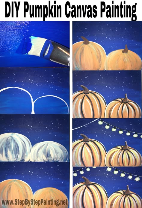 Learn how to paint these pumpkins with acrylic paint on canvas. Free online tutorial at stepbysteppainting.net! How To Paint Pumpkins, Pumpkin Canvas Painting, Paint Pumpkins, Painting Pumpkins, Fall Canvas Painting, Paint Night Ideas, Pumpkin Canvas, Fall Canvas, Paint Nite