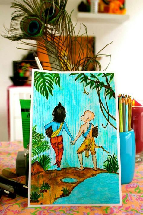 Krishna -sudama .. divine friendship Watercolors on paper Krishna Sudama Painting, Krishna Sudama Friendship Drawing, Krishna And Sudama Drawing, Krishna Sudama Friendship Images, Divine Friendship, Krishna Sudama, Water Paintings, Warli Painting, Happy Holi Images