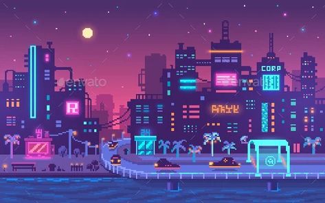 Pixel Art Cyberpunk Metropolis Background by PixelChoice | GraphicRiver Pixel City, Art Cyberpunk, Pixel Art Background, 8bit Art, Cool Pixel Art, New Retro Wave, City Background, Cyberpunk Aesthetic, Pixel Games