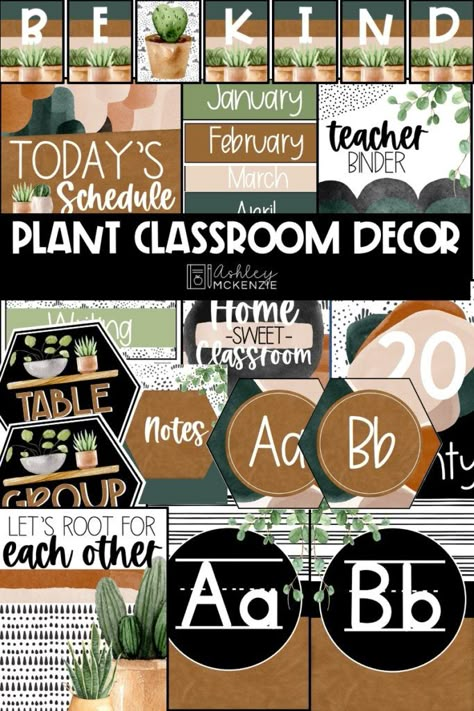 Themes For Daycare Classroom, Tropical Forest Classroom Theme, Outdoor Classroom Decor, Earth Tone Classroom Theme, Plant Inspired Classroom, Modern Greenery Classroom Decor, Classroom Decor Plant Theme, Plant Theme Classroom Decor, Plants Classroom Theme