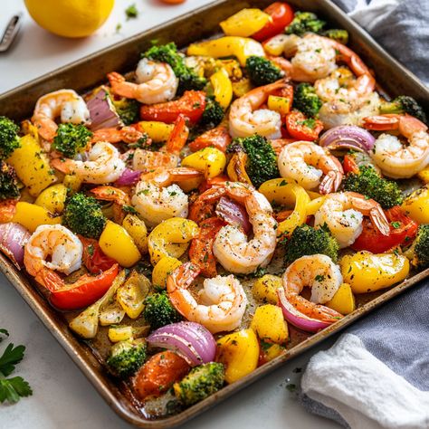 Healthy Sheet Pan Shrimp & Vegetables Shrimp Veggies Recipes, Healthy Shrimp Sheet Pan Dinners, Shrimp Packets Oven, Pescetarian Meal Prep, Sheet Pan Dinners Shrimp, Shrimp Sheet Pan Recipes, Shrimp Fajitas Sheet Pan, Shrimp And Sausage Sheet Pan, Sheet Pan Shrimp Scampi