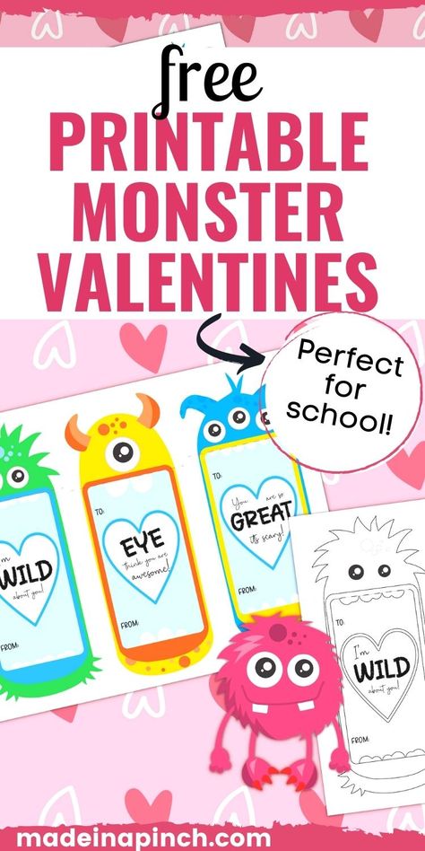 Cute Monster Valentines are fun Valentines for kids. Perfect for both girls and boys, these simple and easy valentine cards are as easy as printing, coloring (if you want), writing names, and attaching a treat or trinket. These free monster Valentine's Day cards are perfect for your kiddo's classmates and friends! #valentinesday #cutemonsters Monster Valentine Cards, Printables For School, Monster Valentine, Writing Names, Free Printable Valentines Cards, Monster Valentines, Free Printable Cards, Kids Laughing, Valentines School