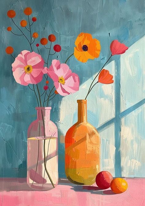 Rendering Art Style, Painterly Art Style, One Color Illustration, Crazy Paintings, Paintings For Wall Decor, Illustration Vase, Cheerful Painting, Pastels Artwork, Vase Illustration