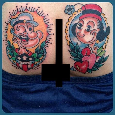 Popeye & Olive Olivia Tattoo, Popeye Tattoo, Ink Cartoon, Bum Tattoo, Popeye And Olive, Body Decor, Body Modification, Ink Master, Traditional Tattoos