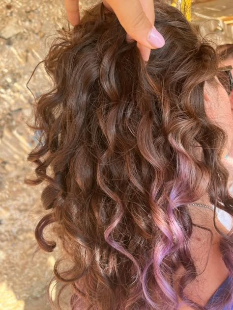 hair-curly hair-purple-hair dye 2c Colored Hair, Frizzy Hair Color Ideas, Peakaboo Dye Hair Curly, Colorful Highlights Curly Hair, Curly Hair Peakaboo Dye, Curly Hair Dye Styles, Curly Brown Hair With Pink Highlights, Neopaliton Hair Curly, Ends Dyed Hair